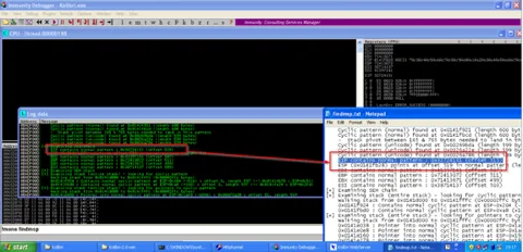 Immunity Debugger con el log de findmsp mostrando el offset del patrón cíclico en ESP