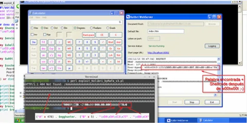 Calculadora de Windows abierta y terminal con la respuesta HTTP 404 tras explotar Kolibri