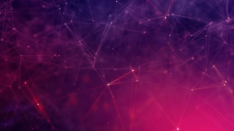 Fondo abstracto morado y rosa con líneas y nodos conectados formando una red digital