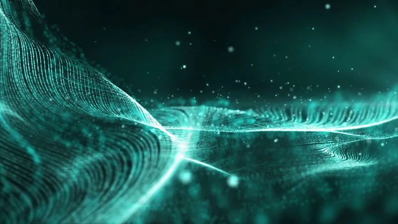Onda abstracta de partículas turquesas y líneas luminosas sobre un fondo oscuro