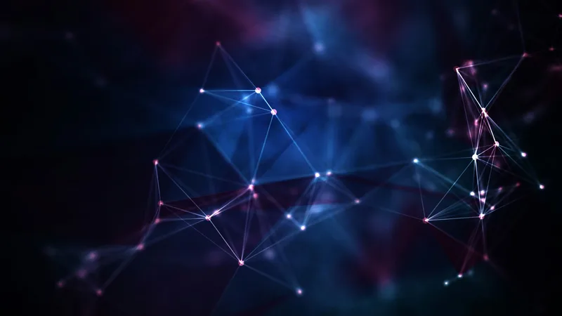 Red de nodos y líneas azules y rosas conectadas sobre un fondo oscuro estilo plexus