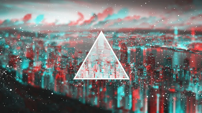 Skyline urbano con efecto anaglifo rojo y cian y un triángulo superpuesto