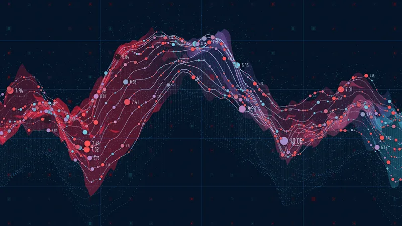 Visualización de datos con gráfico de ondas y cifras en rojo y morado