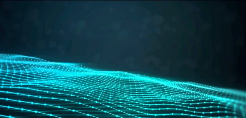 Malla digital ondulada de puntos luminosos en tono turquesa oscuro