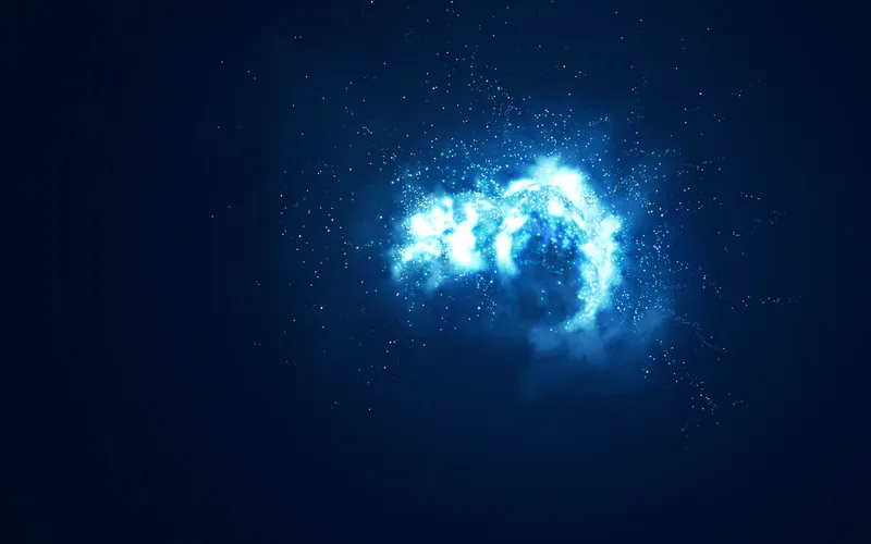 Explosión de partículas luminosas azules sobre fondo oscuro tipo nebulosa