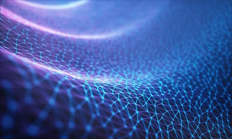 Superficie ondulada de malla digital azul y violeta vista en primer plano