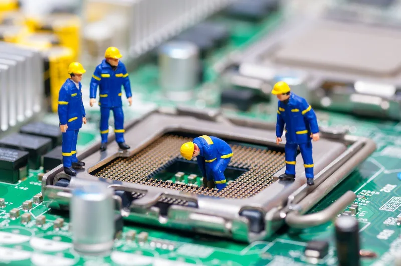 Figuras miniatura de obreros instalando un procesador en el zócalo de una placa base