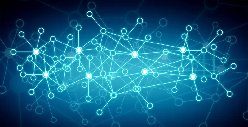 Red de nodos circulares azules conectados por líneas sobre fondo oscuro