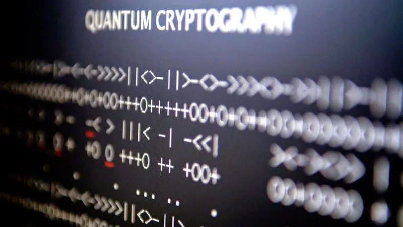Pantalla con el texto Quantum Cryptography y símbolos criptográficos en movimiento