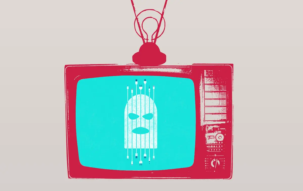 Ilustración de una televisión retro roja con un pasamontañas de hacker en pantalla