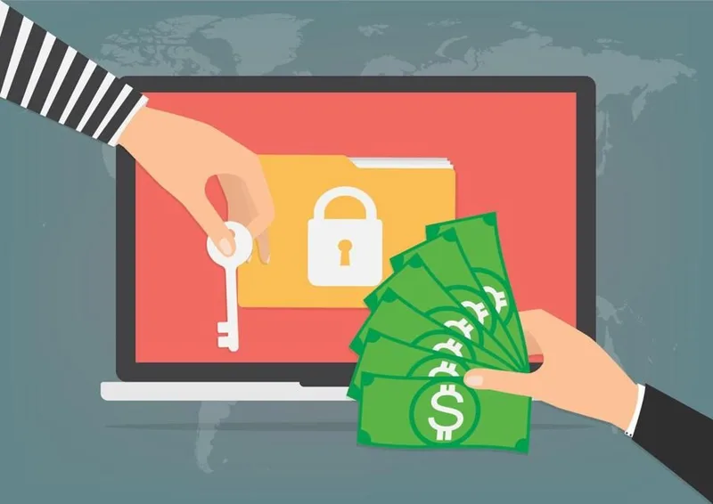 Ilustración de ransomware con un ciberdelincuente cambiando la llave de una carpeta por dinero