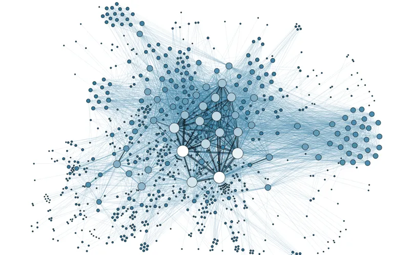 Grafo de red con nodos y conexiones azules representando relaciones de big data