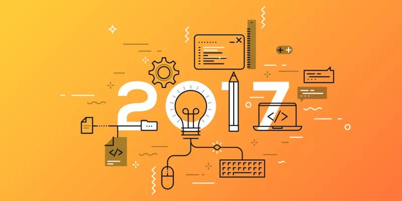 Ilustración con el número 2017 rodeado de iconos de tecnología en tonos naranjas
