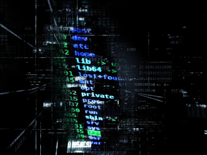 Listado de directorios de Linux como root, home y private superpuesto a código binario