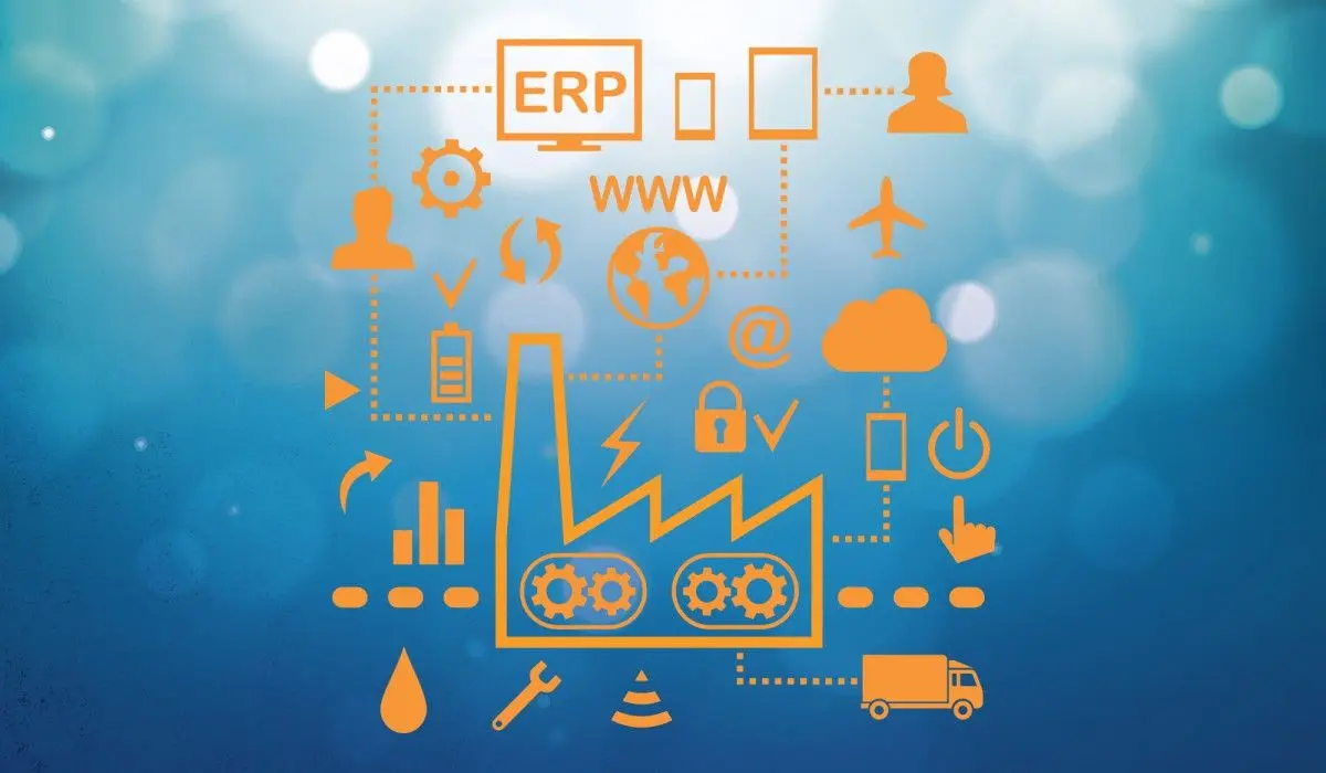 Infografía naranja con icono ERP, fábrica y símbolos de conectividad industrial