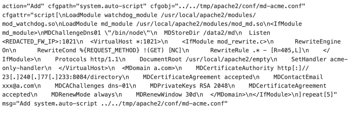 Registro de FortiOS en el que el objeto auto-script ../../tmp/apache2/conf/md-acme.conf escribe la configuración de Apache mod_md con la autoridad ACME falsa en 23.240.77.233