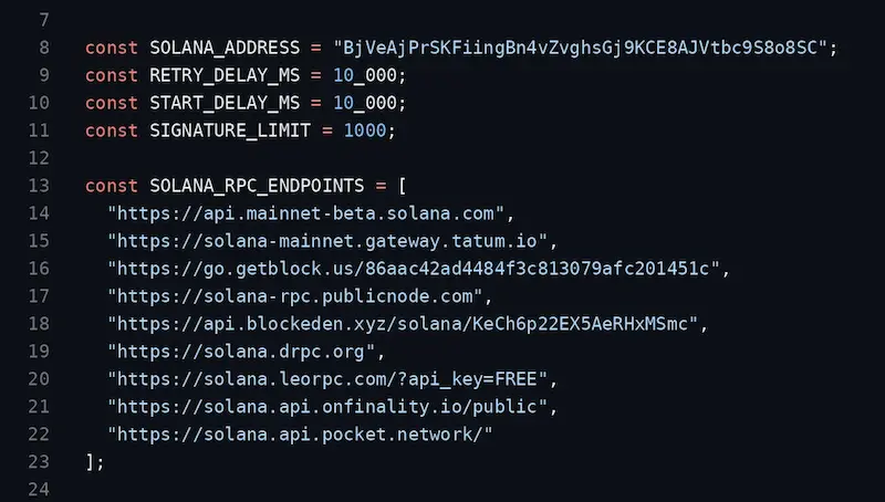 Fragmento del loader de los repositorios del colaborador con la dirección de la cartera de Solana y la lista de nueve endpoints RPC públicos