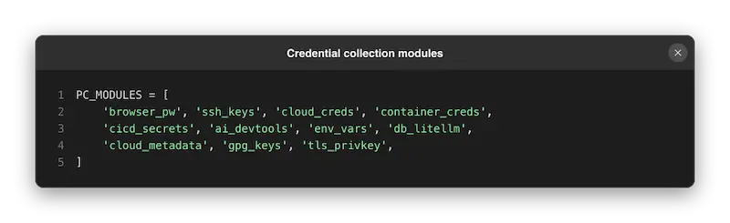 Lista PC_MODULES del stealer privcollect de LiteLLM 1.107.0 con sus módulos de robo de credenciales de navegador, SSH, nube, contenedores, CI/CD, herramientas de IA y base de datos