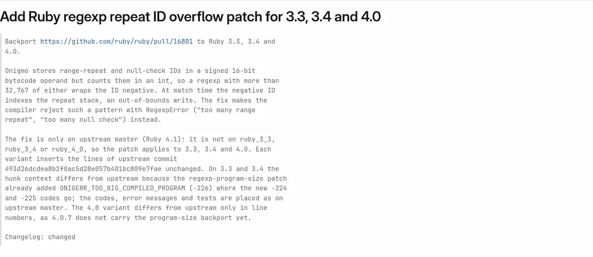 Commit de omnibus-gitlab que retroporta el parche de Ruby contra el desbordamiento del identificador de repetición de Onigmo