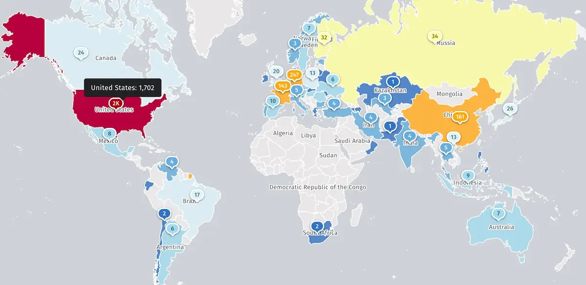 Mapa de Shadowserver con las instancias de GitLab Community Edition expuestas a Internet por país, Estados Unidos en cabeza