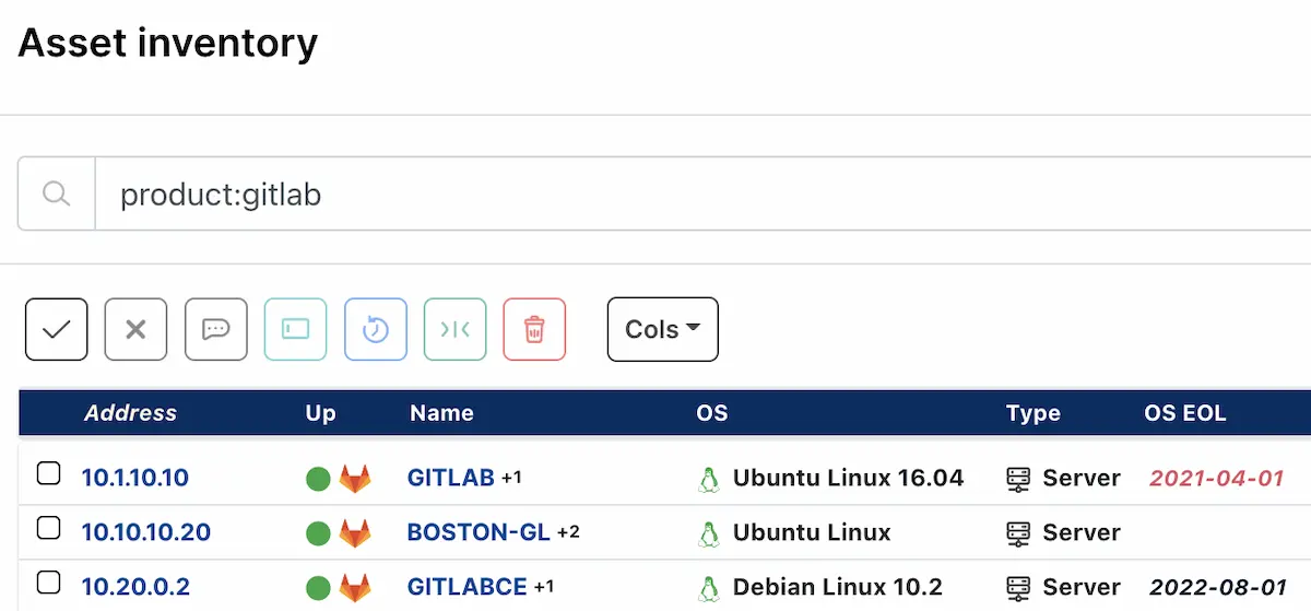 Inventario de runZero con instancias de GitLab detectadas en la red mediante la consulta sobre el producto