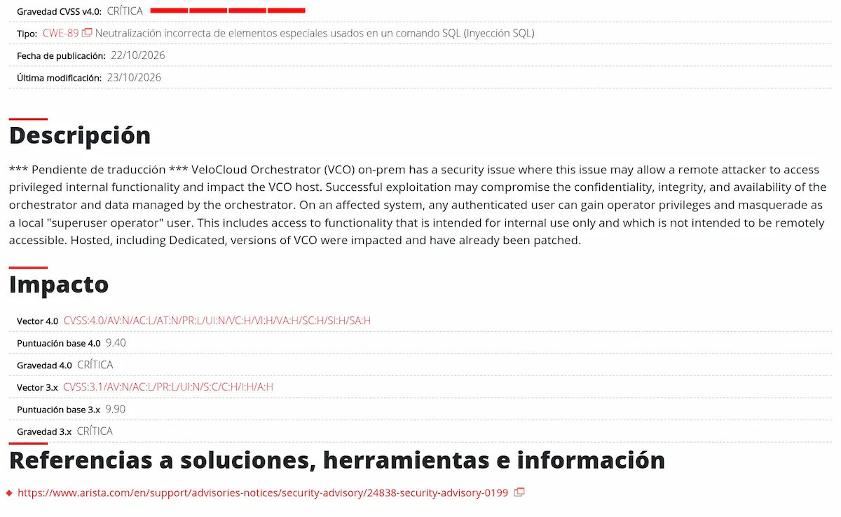 Ficha de INCIBE-CERT de CVE-2026-114625 con gravedad crítica, tipo CWE-89 y los vectores CVSS 4.0 y 3.1 de VeloCloud Orchestrator