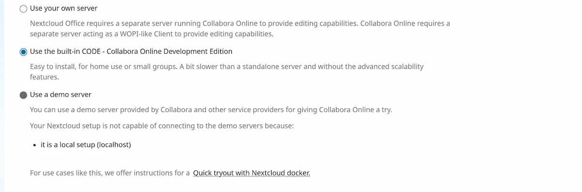 Ajustes de Nextcloud Office con las tres opciones de servidor y el CODE integrado de Collabora seleccionado para uso doméstico